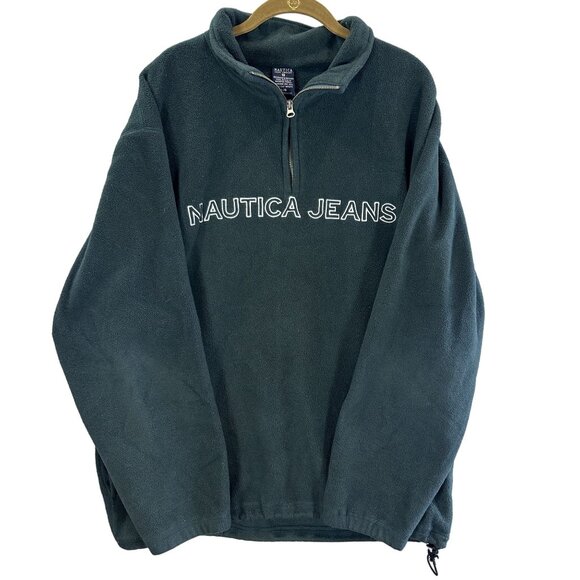 Nautica Large Mens Green Fleece 1/4 Zip Pullover Y2K 90s Classic Preppy Vintage - Picture 1 of 11